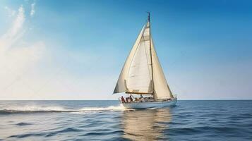 Segelboot Beschleunigen durch Ozean mit freunde auf Planke, generativ ai foto