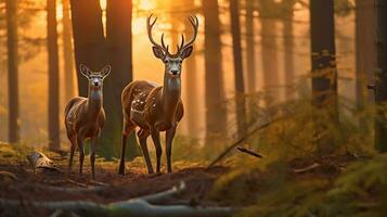 Hirsch und Damhirschkuh im das Wald beim Sonnenuntergang, im das Stil von fotorealistisch Porträts, generativ ai foto