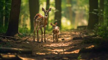 Baby Hirsch Gehen mit das Mutter im das Holz, im das Stil von fotorealistisch Landschaften, generativ ai foto
