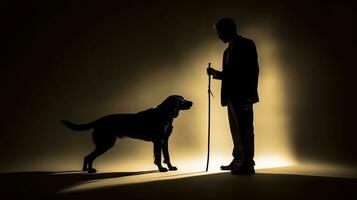 Silhouette von ein leiten Hund mit blind Mann. golden, Labrador, leiten Hund. generativ ai foto