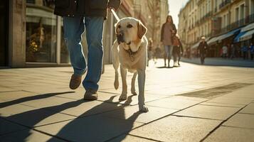 ein leiten Hund hilft ein visuell beeinträchtigte Mann gehen im Stadt. golden, Labrador, leiten Hund. generativ ai foto