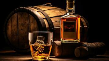 Scotch Whiskey Flasche mit Glas von Whiskey und alt hölzern Fass. generativ ai foto
