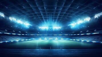 Fußball Arena. Sport Stadion mit Beleuchtung Hintergrund. generativ ai foto