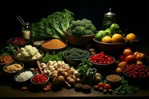 ein mischen von Ernährung und Essen Wissenschaft angezeigt mit Gemüse und Früchte ai generiert foto
