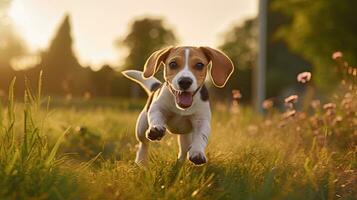 Tier. süß Hund Beagle Laufen im das Gras. Haustiere. generativ ai foto
