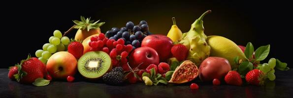 Sortiment von frisch Früchte gemischt.lecker Früchte Hintergrund. frisch Früchte. breit Banner. generativ ai foto