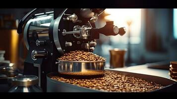 Kaffee Bräter, aromatisch Kaffee Bohnen positionieren im modern Ausrüstung mit Korn Kühler. Kaffee Bohne Bräter Maschine. Industrie Konzept. generativ ai foto