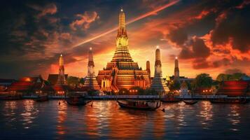 wat arun im Sonnenuntergang beim Bangkok, Thailand. Wahrzeichen, Chao Phraya Fluss. generieren ai foto