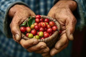 Arabica Kaffee Beeren eingewickelt im das Hände von ein Farmer beim ein Kaffee Plantage. generativ ai foto