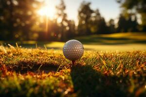 von der Sonne geküsst Golf Verein und Ball auf Grün ai generiert foto