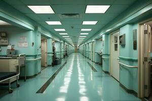 Krankenhaus Gang Links mehrere Räume, Bildung das Wesen von medizinisch trainieren ai generiert foto