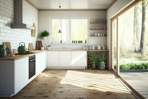 ein Schön, realistisch Morgen im ein zeitgenössisch Küche mit Fenster, natürlich Licht, das Schatten von Blätter, und ein hölzern Fußboden auf welche zu einstellen aus verschiedene Küchenutensilien zum Verkauf. Zuhause foto