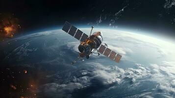 Raum Satellit Überwachung von Erde Orbit Wetter von Raum, Hurrikan, Taifun auf Planet Erde, NASA. generativ ai foto