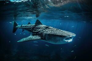 ein Wal Hai Theaterstücke in der Nähe von das Oberfläche im Blau Wasser. Wal Hai im Pazifik Meer. generativ ai foto