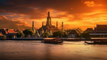 wat arun im Sonnenuntergang beim Bangkok, Thailand. Wahrzeichen, Chao Phraya Fluss. generieren ai foto