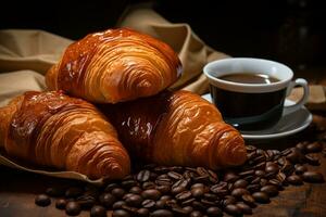 Französisch Bäckerei Stimmung Croissants, Kaffee, und Bohnen auf braun Kunst Papier ai generiert foto