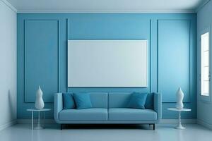 virtuell Blau Sofa im Leben Zimmer mit klar Raum zu das richtig ist ein Attrappe, Lehrmodell, Simulation foto