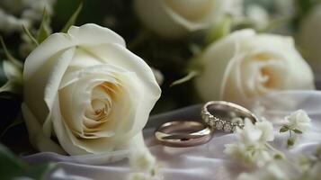 Hochzeit Ringe mit Weiß Rose Blumen auf ein Weiß Schleier, festlich Komposition. ai generiert. foto