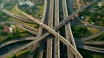 Antenne Aussicht von Auto der Verkehr auf multi Fahrbahn Autobahnen oder Schnellstraßen, der Verkehr im Kreisverkehre ist Teil von täglich Leben. generativ ai foto