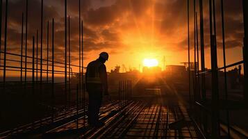 Silhouette von Ingenieur Stehen Aufträge zum Konstruktion Besatzungen zu Arbeit auf hoch Boden schwer Industrie und Sicherheit Konzept. generativ ai foto