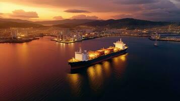 Antenne Aussicht von Tanker Schiff Schiff Entladung beim Hafen, Geschäft importieren Export Öl und Gas petrochemisch mit Tanker Schiff Transport Öl von Dock Raffinerie. generativ ai foto