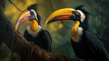 zwei großartig Nashornvogel coraciiformes Nashornvogel Vogel. generativ ai foto