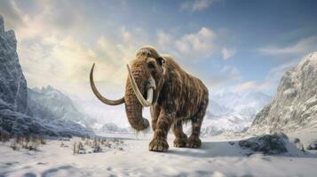 ein pelzig alt Mammut im Schnee mit Berg Landschaft im das Hintergrund. Elefant Mammut. generativ ai foto