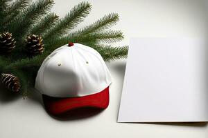 Komposition zum das Weihnachten Jahreszeit. auf ein Tanne Baum, ein Santa Hut. Santa Deckel, Weihnachten Baum, und Ornament auf ein Weiß Hintergrund. Winter, das Neu Jahr, und Weihnachten. frontal Schuss, leer Raum foto