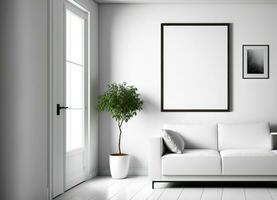 Seite Aussicht auf hell Leben Zimmer Innere mit Sofa, leeren Weiß Poster, Weiß Wand, Eiche hölzern Hartholz Boden, Kaffee Tisch. Konzept von minimalistisch Design, Kunst. spotten oben foto