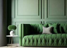 Innere Verkleidung ein Fußboden Licht und Kissen auf ein Grün Sofa foto