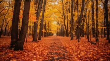 Herbst Wald Weg. Orange Farbe Baum, rot braun Ahorn Blätter im fallen Stadt Park. generativ ai foto