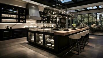 3d Illustration von Küche Innere im ein modern Gebäude groß Licht Kochen und Abendessen Bereich generativ ai foto