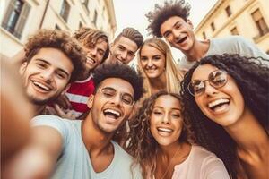 multikulturell freunde nehmen Selfie Bild mit Handy draußen - - glücklich jung Menschen haben Spaß hängend aus auf Stadt Straße - - Sommer- Ferien Konzept mit Jungs und Mädchen genießen generativ ai foto