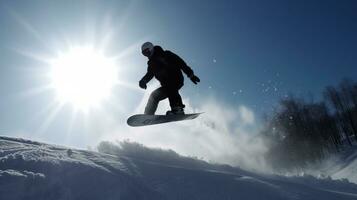 Snowboarder im ein extrem springen sinkt ab von Ski Berg. ai generiert. foto