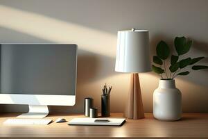 minimalistisch Arbeitsplatz mit pc Desktop Computer Attrappe, Lehrmodell, Simulation, dokumentieren Tablett, Tabelle Lampe, und Dekor auf minimal Holz Tisch. , 3d Illustration. generativ ai foto