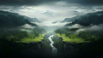 Fantasie Landschaft mit Fluss und Berge im das Nebel foto