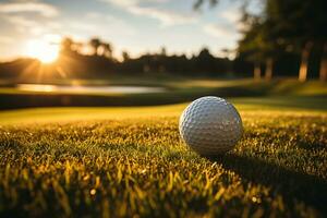 Nahansicht Golf Verein und Golf Ball auf Grün Gras mit Sonnenuntergang ai generiert foto