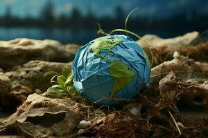 zerknittert Papier Erde symbolisiert Degradierung, ein Plädoyer zum Umwelt Bewusstsein ai generiert foto