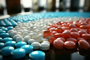Medikation das Wesentliche Weiß Medizin Tablets und Antibiotikum Tabletten im ein Apotheke Thema ai generiert foto