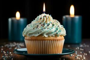 köstlich Cupcake geschmückt mit ein Single Blau Kerze, ein Geburtstag behandeln ai generiert foto