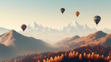 farbig Luftballons fliegen im das Wolken im das Sonne Über das Berge, Hügel. ai generiert. foto