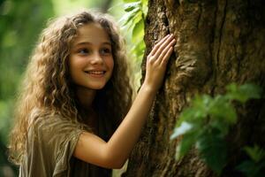 jung Mädchen im ein üppig Wald, groß Baum, Einheit mit Natur und Nachhaltigkeit ai generativ foto