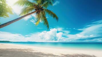 tropisch Sommer- Strand Sand und schön Himmel mit Kokosnuss Palme Baum Hintergrund ai generativ foto