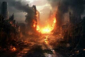 Illustration von Zerstörung von Stadt mit Feuer, Explosionen und zusammenbrechen Strukturen. Konzept von Krieg und Katastrophe ai generativ foto
