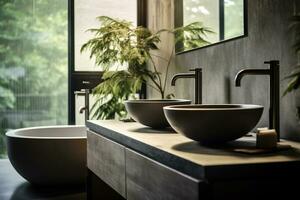 ein Nahansicht Japan Stil Foto von ein industriell minimalistisch Stil Badezimmer ai generativ