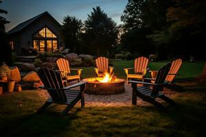 draussen Feuer Grube im das Hinterhof mit Rasen Stühle Sitzplätze auf ein spät Sommer- Nacht ai generativ foto