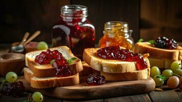 köstlich Toast mit Süss Marmeladen auf hölzern Hintergrund, ai generativ foto