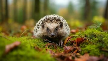 europäisch Igel, auf ein Grün Moos im das Wald, süß komisch Tier mit Scharfschützen. Igel im dunkel Holz, Herbst Bild. generativ ai foto