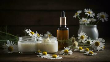 Komposition mit Haut Pflege Produkte und Kamille Blumen auf hölzern Tisch. ai generativ foto