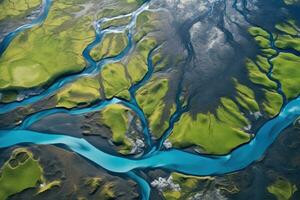 Antenne Aussicht von ein Fluss im Island, gesehen von ein Hubschrauber. Antenne Aussicht von über auf ein Grün und Blau Gletscher Fluss Strom im Süd Island, ai generiert foto